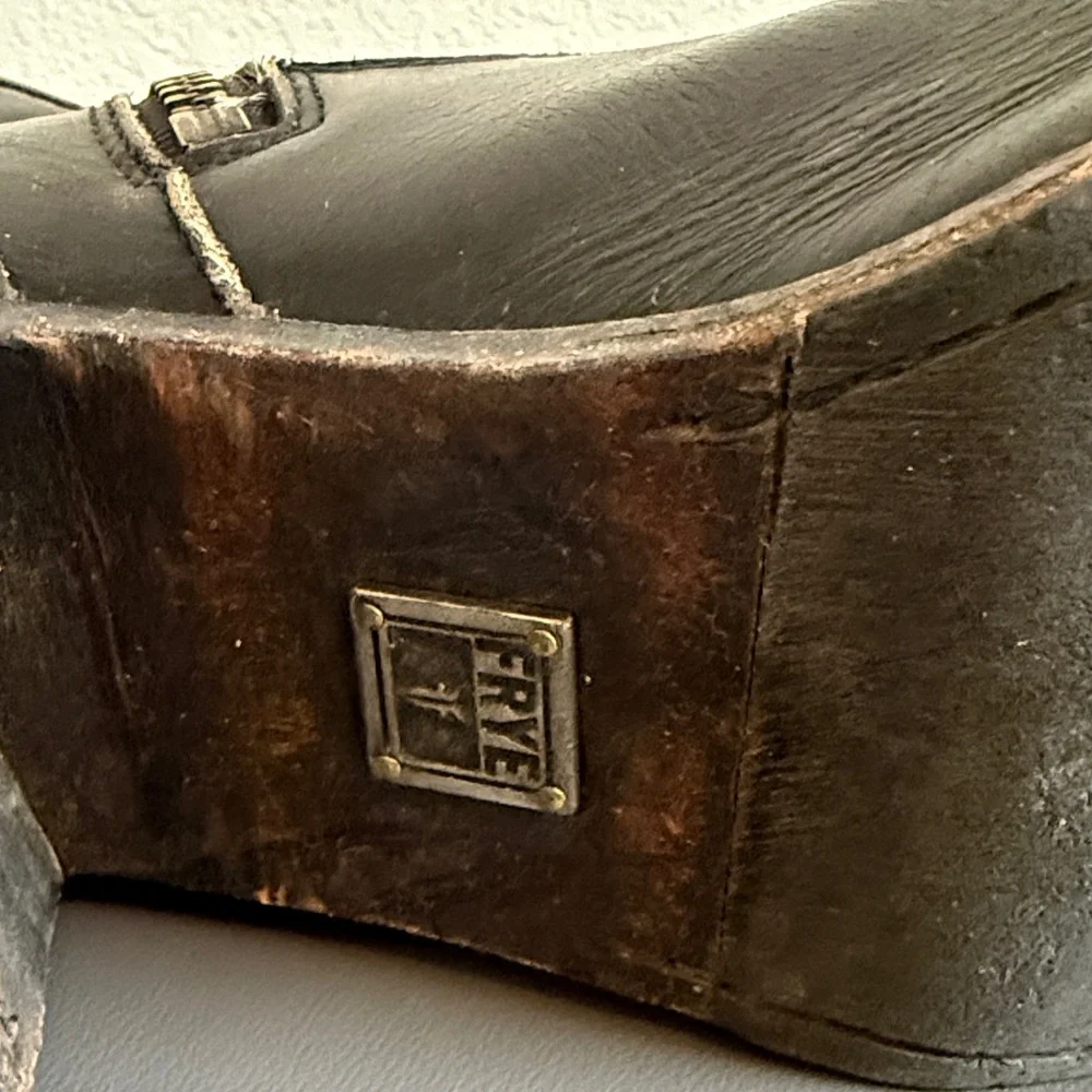 Frye Distressed Black Leather Mid Calf Boots with Buckle Detail - Picture 3 of 16